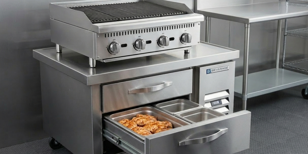 Chef base refrigerator with food pans in its drawer and a charbroiler on top.