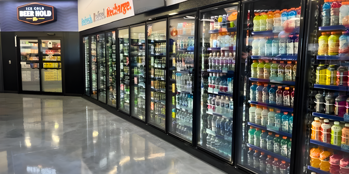A commercial convenience store beverage department featuring long-span reach-in cooler doors, LED-lit display shelving, and organized bottled drink inventory.