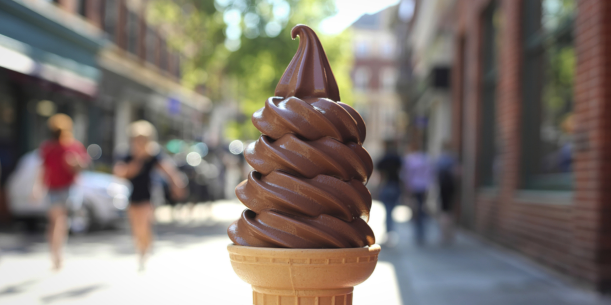 Chocolate ice cream cone in a street setting with people and buildings in the background