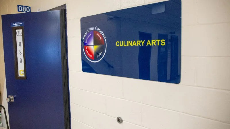 Copley-Fairlawn Middle School culinary arts classroom entrance sign and hallway