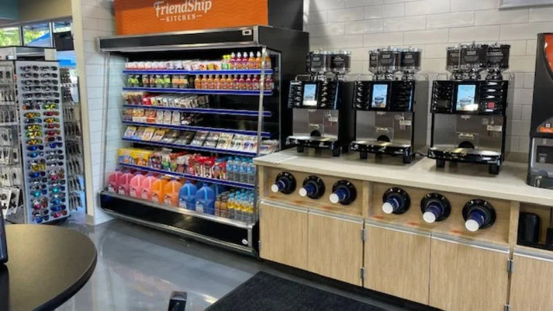 Glass-door beverage cooler lineup for self-serve drinks and cold storage merchandising