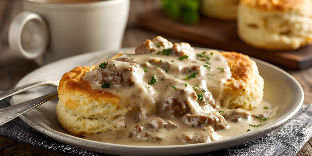 Biscuits and gravy served warm on plate