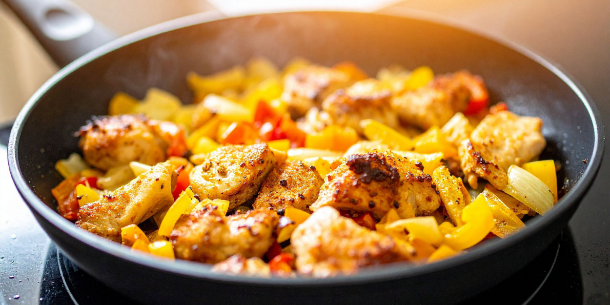Chicken and vegetables cooking in skillet with nonstick cookware