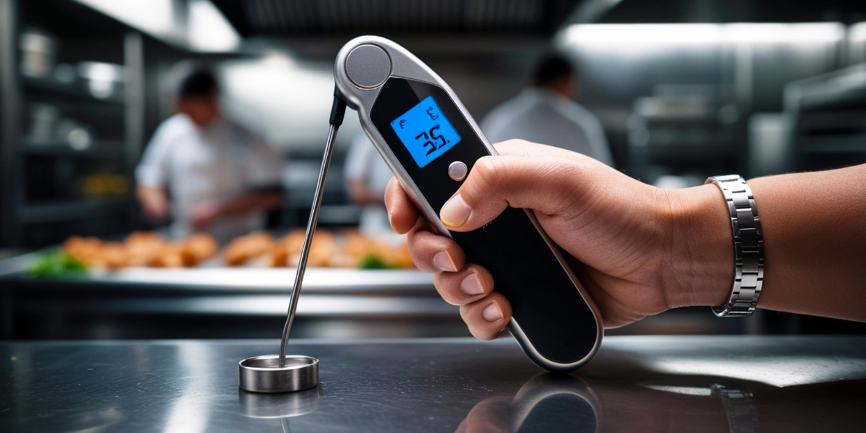 A professional digital probe thermometer being used in a commercial kitchen.