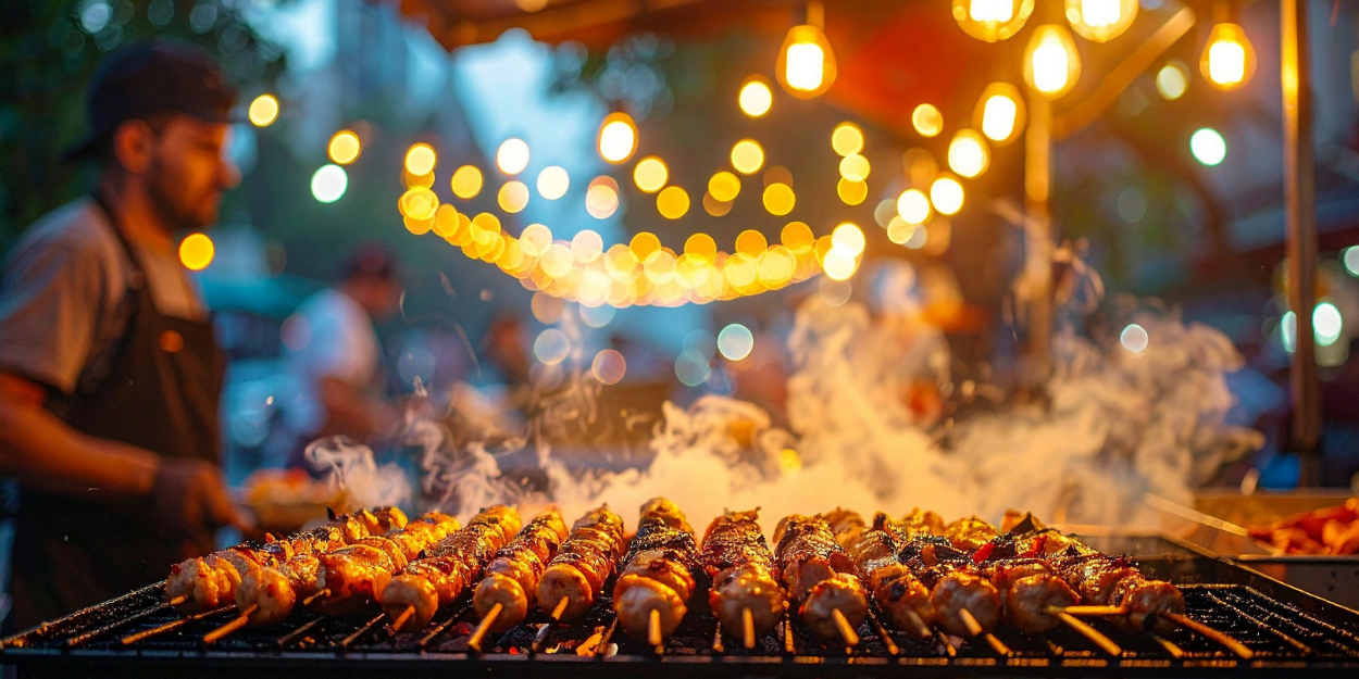 A professional food truck vendor grilling skewers on a high-output commercial charbroiler under warm overhead lighting, representing compact mobile kitchen equipment.