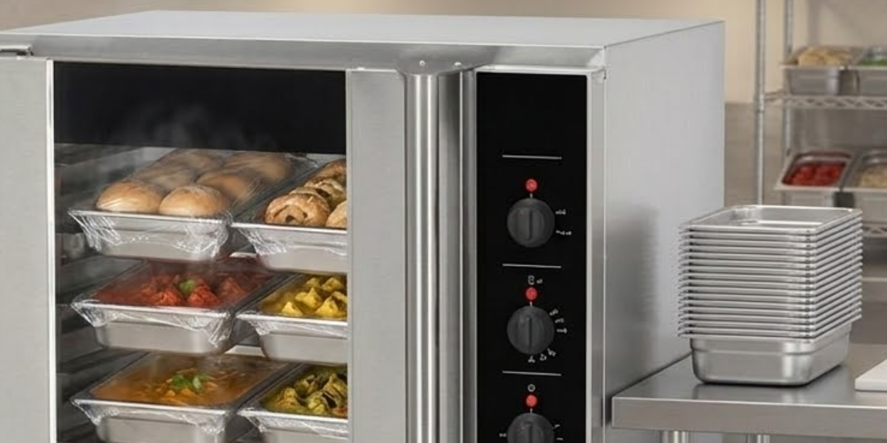 Hot food in a holding and warming cabinet.
