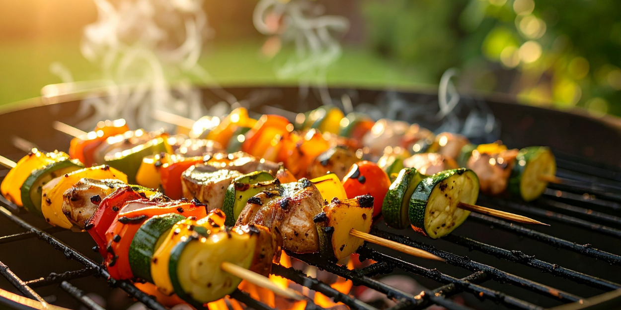 Rows of colorful vegetable and protein skewers grilling on a professional outdoor commercial grill.