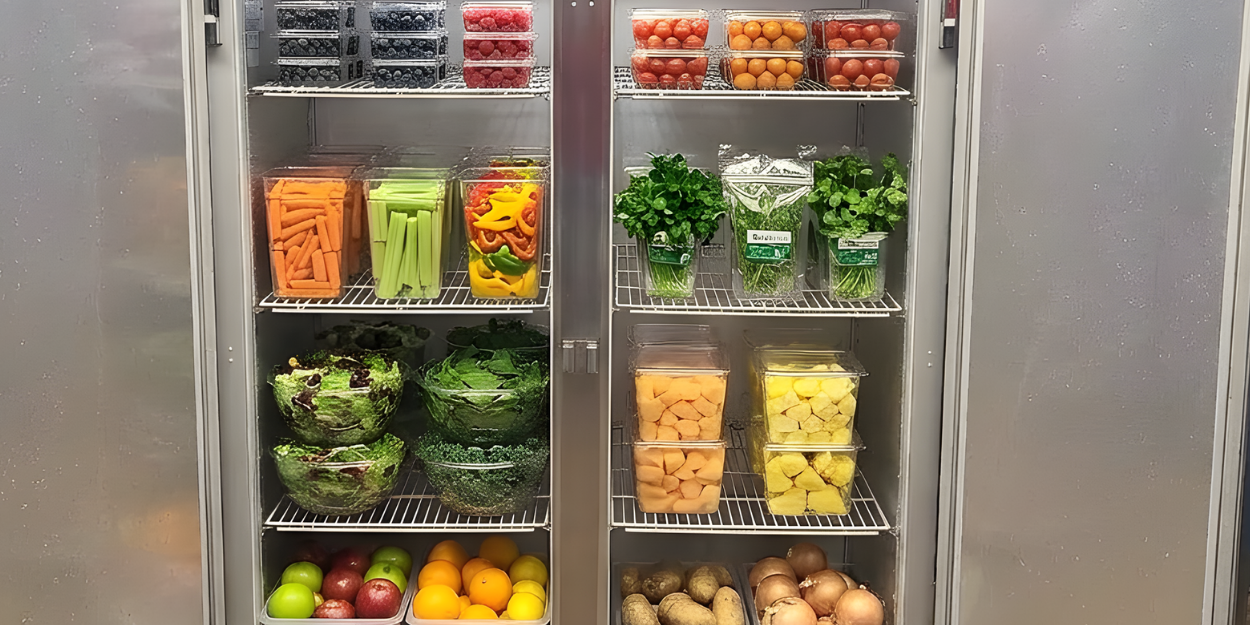 Fridge with fresh produce including fruits and vegetables.