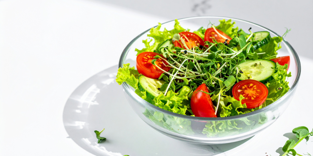 Fresh garden salad in glass bowl with greens and tomatoes