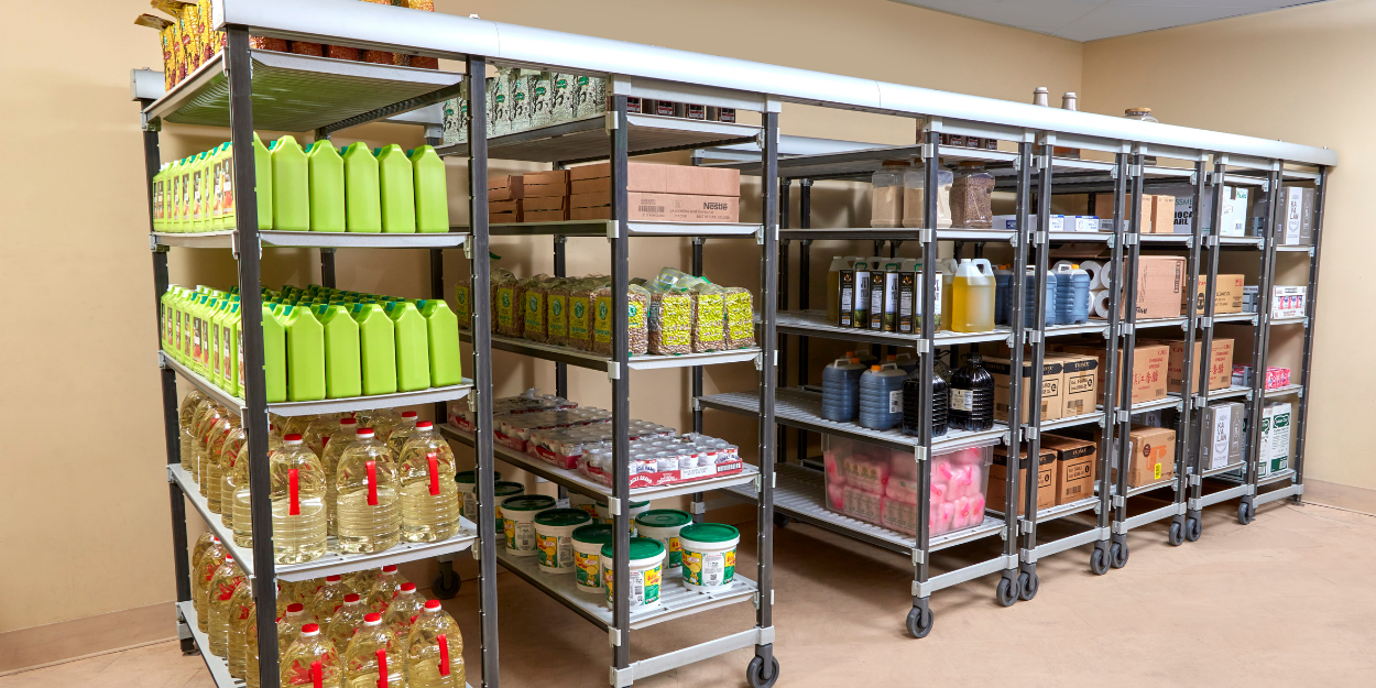 Industrial modular shelving system in a dry storage room.