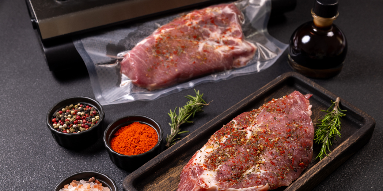 A professional sous vide preparation station featuring seasoned raw steaks—one vacuum-sealed and one ready for the tray.