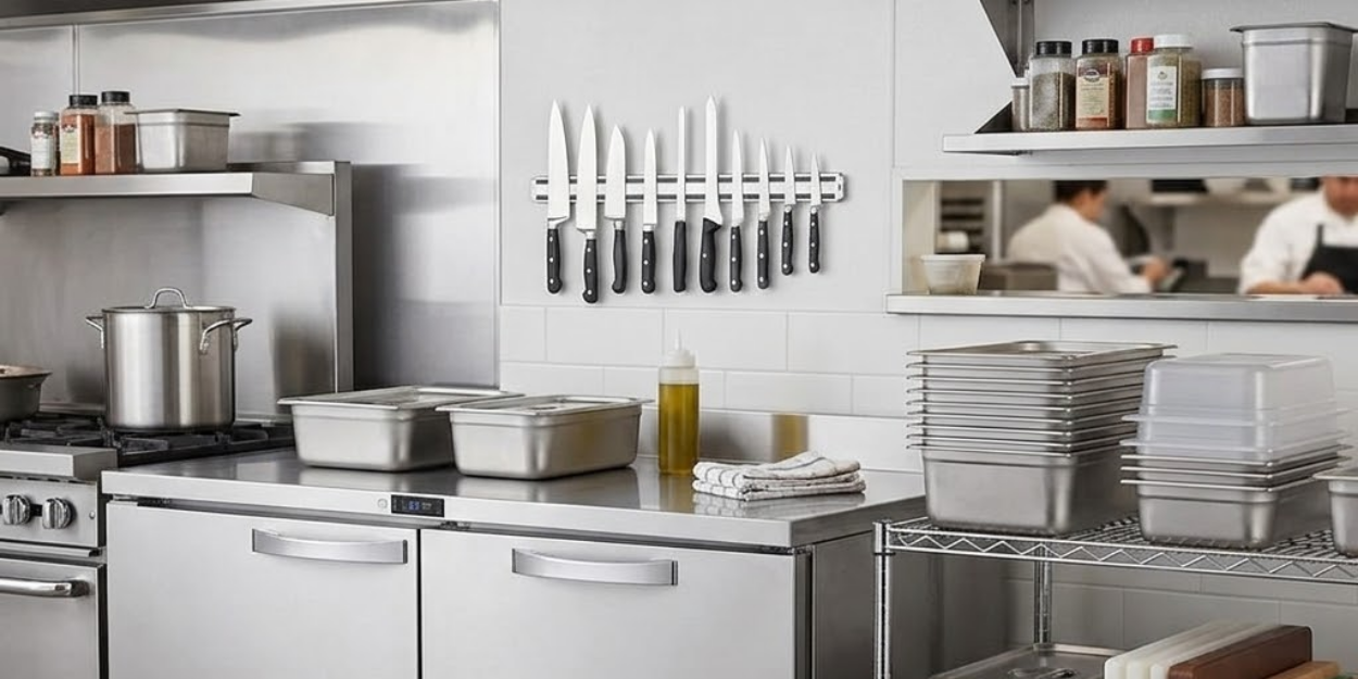 A commercial stainless steel worktop refrigerator with a smooth prep surface and integrated digital temperature display.