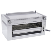 Stainless steel commercial grill on a white background