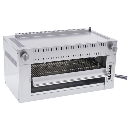 Stainless steel commercial grill on a white background