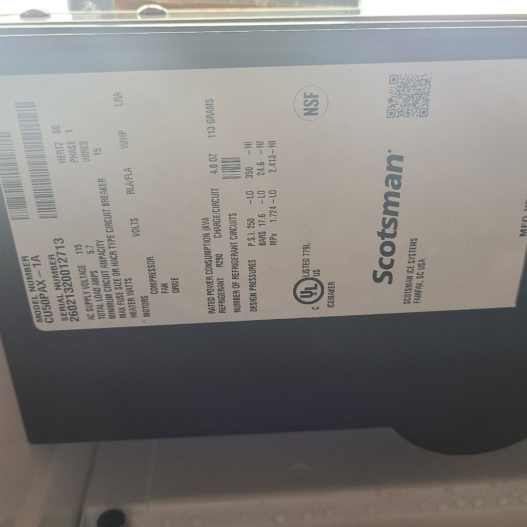 Scotsman CU50PAX-1 undercounter ice maker data plate