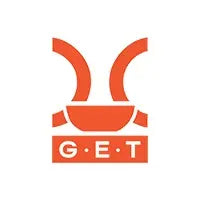 Logo with a red and orange design on a white background