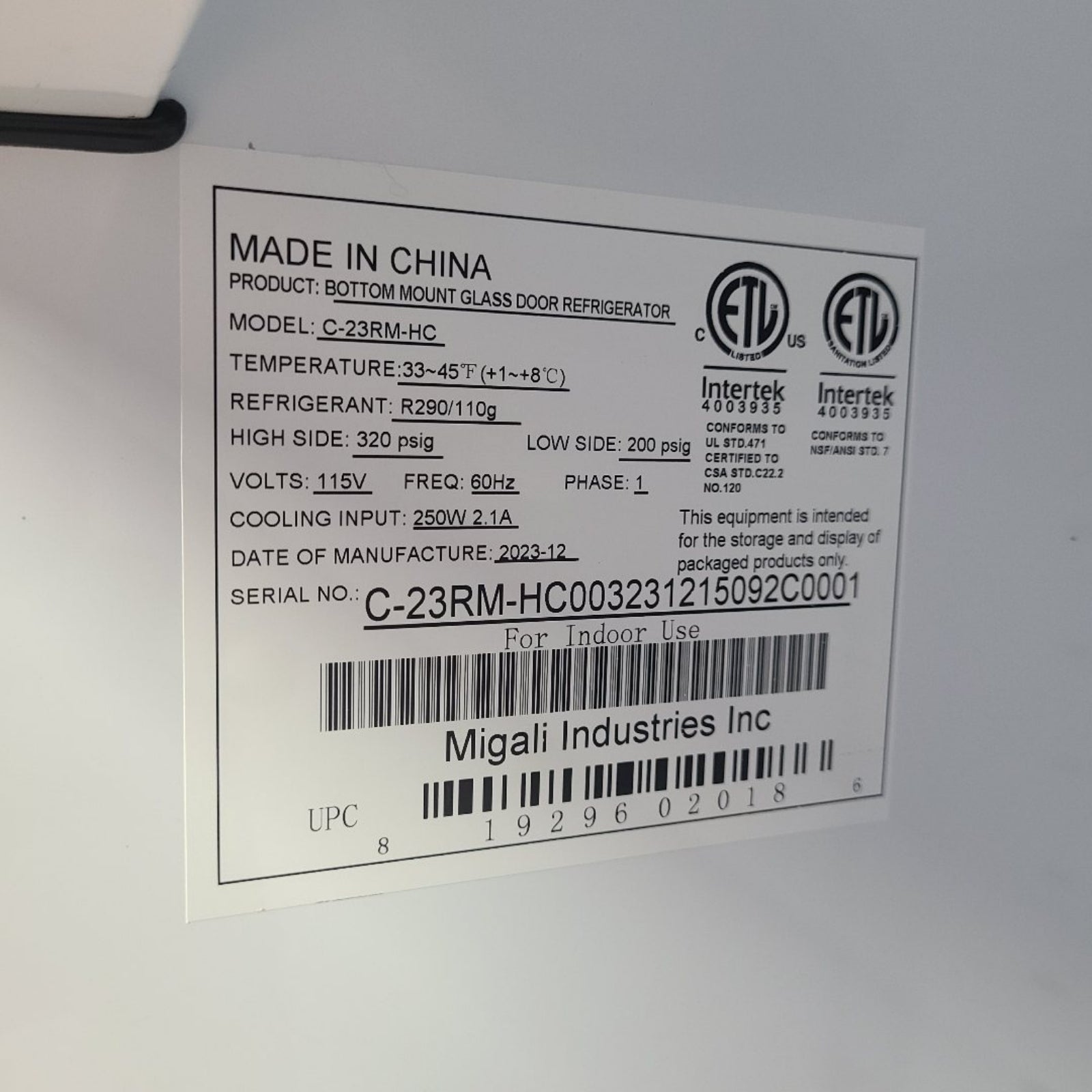Scratch & Dent Migali Industries C-23RM-HC Merchandiser Refrigerator No. 1056281
