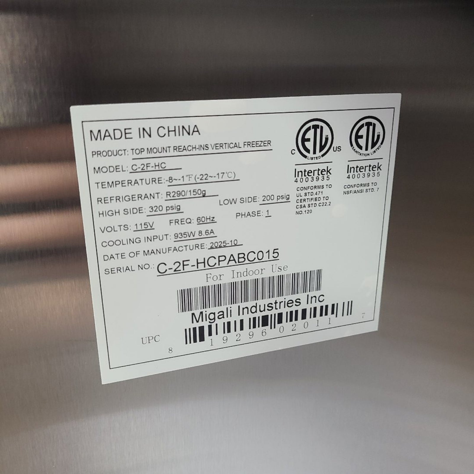 Scratch & Dent Migali Industries C-2F-HC Reach-In Freezer No. 1054677