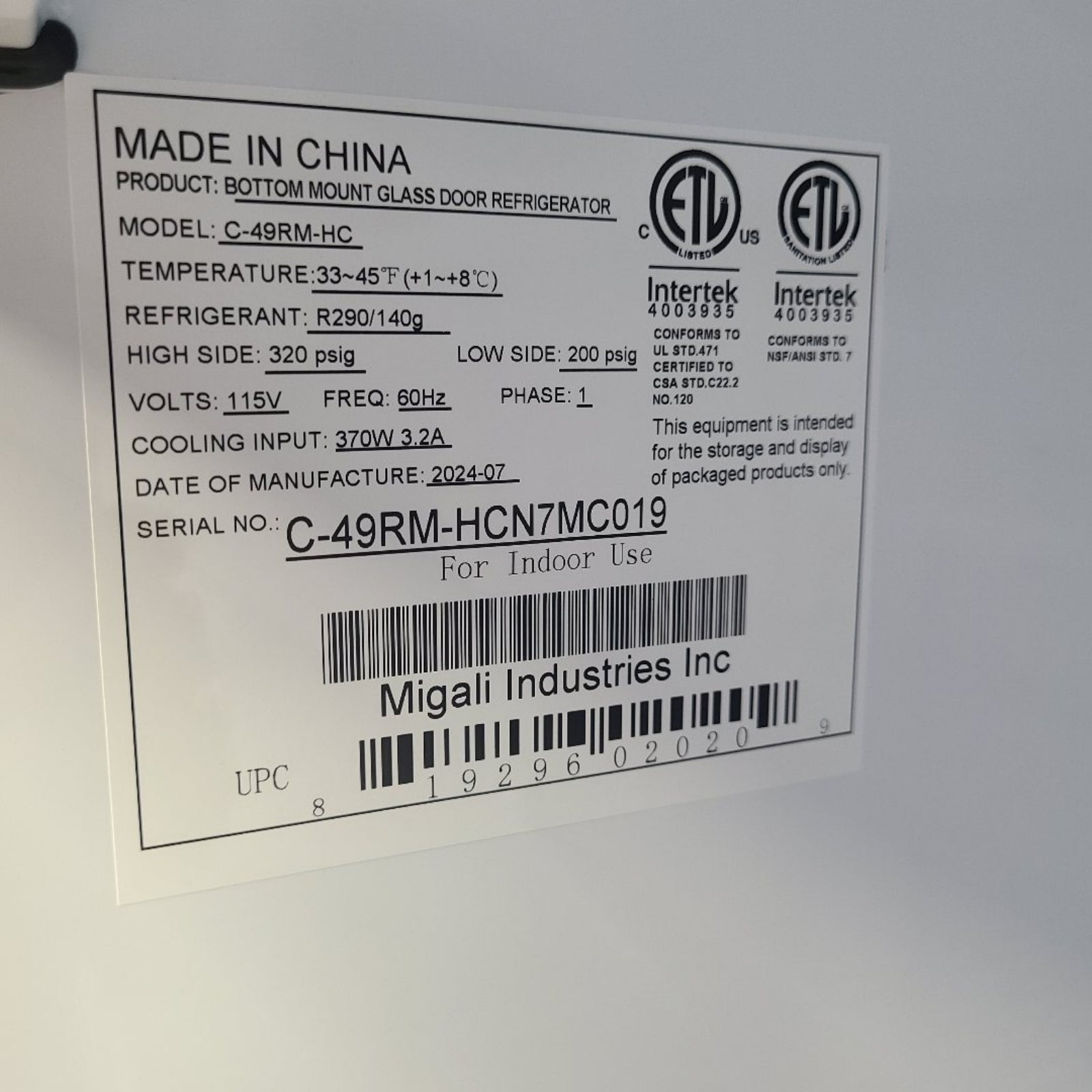 Scratch & Dent Migali Industries C-49RM-HC Merchandiser Refrigerator No. 1056282