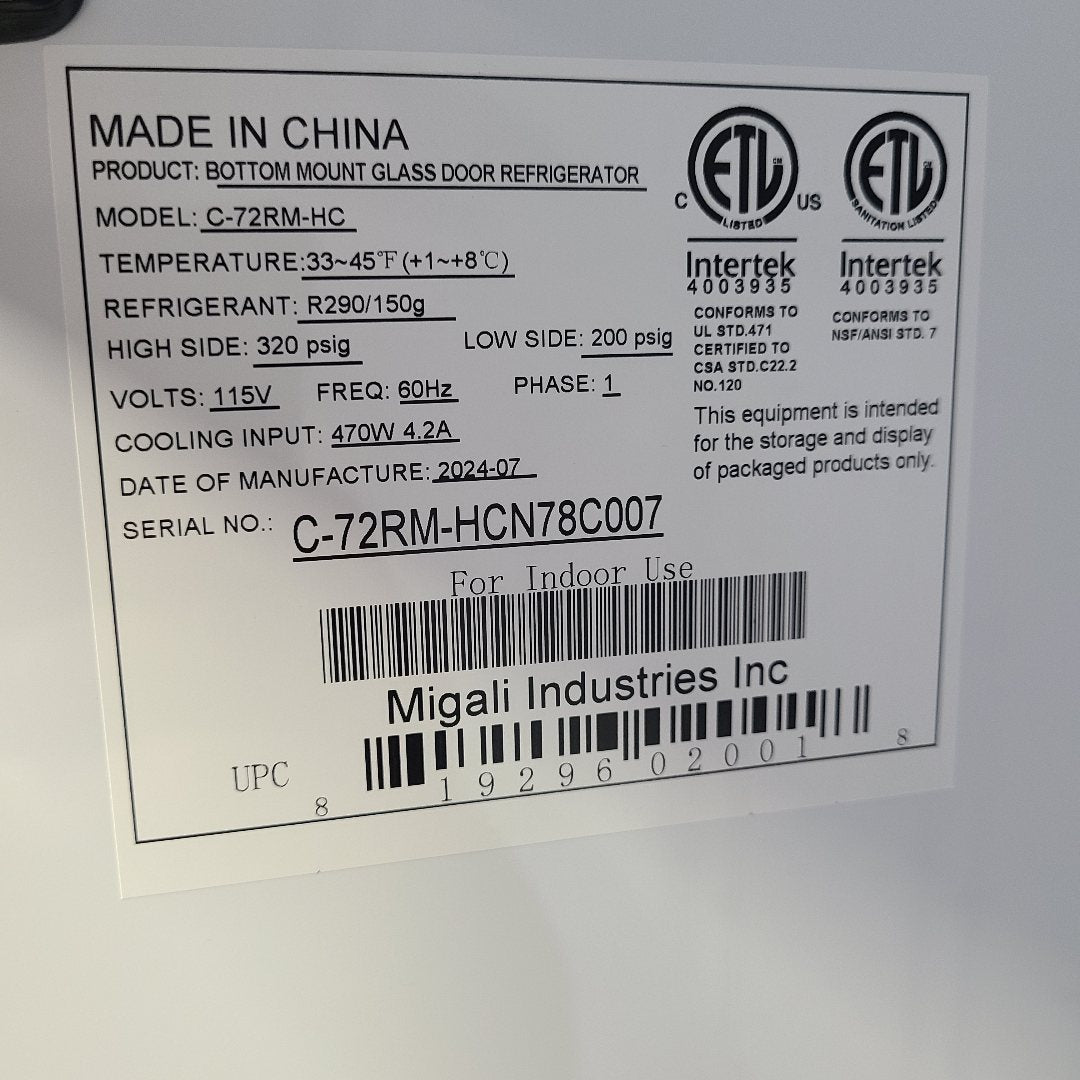 Scratch & Dent Migali Industries C-72RM-HC Merchandiser Refrigerator No. 1048827