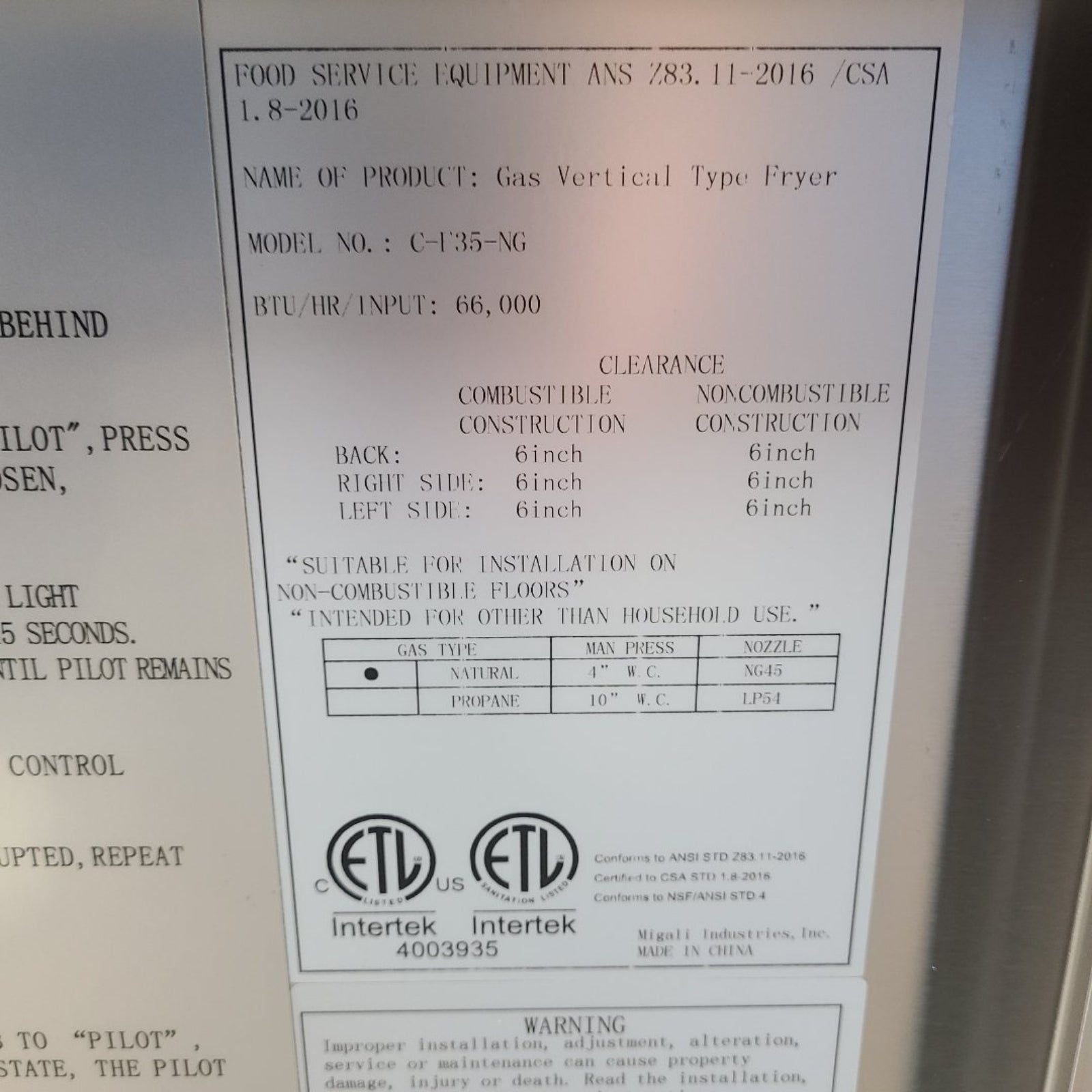 Scratch & Dent Migali Industries C-F35-NG Full Pot Fryer No. 1056279