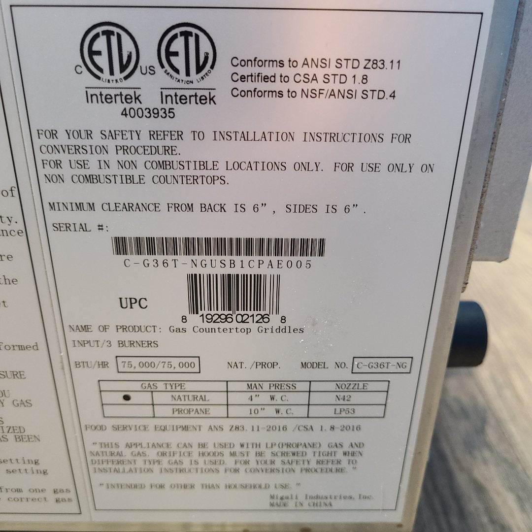 Scratch & Dent Migali Industries C-G36T Griddle No. 1056280