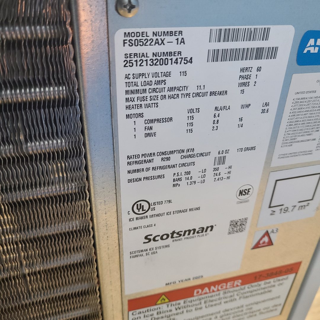 Scotsman FS0522AX-1 flake style ice maker data plate
