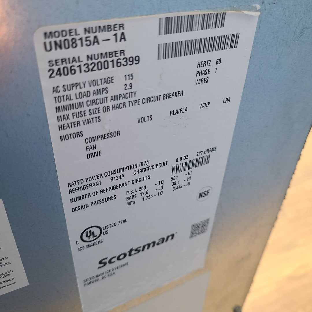 Scotsman UN0815A-1A 15" Nugget Ice Maker data plate