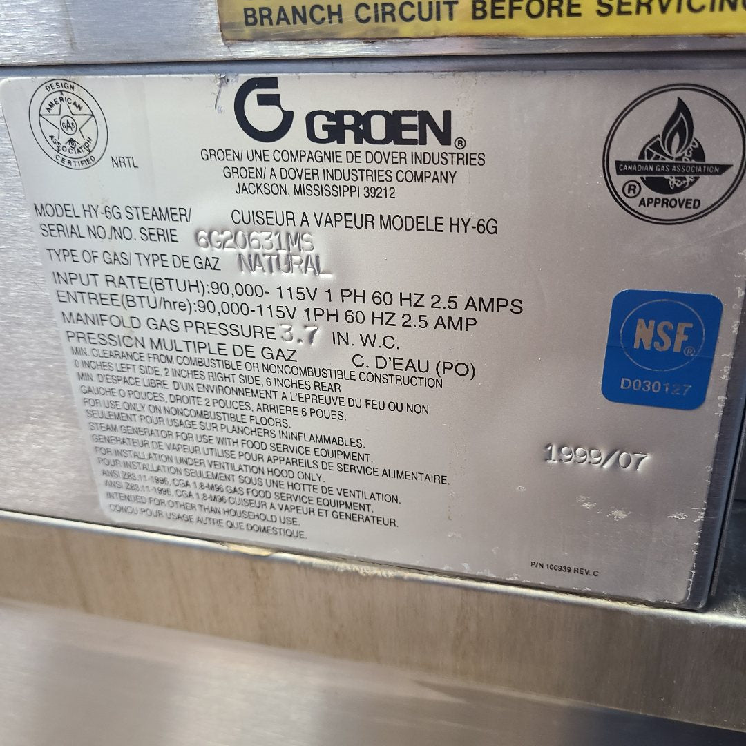 used Groen HY-6G Steamer data plate
