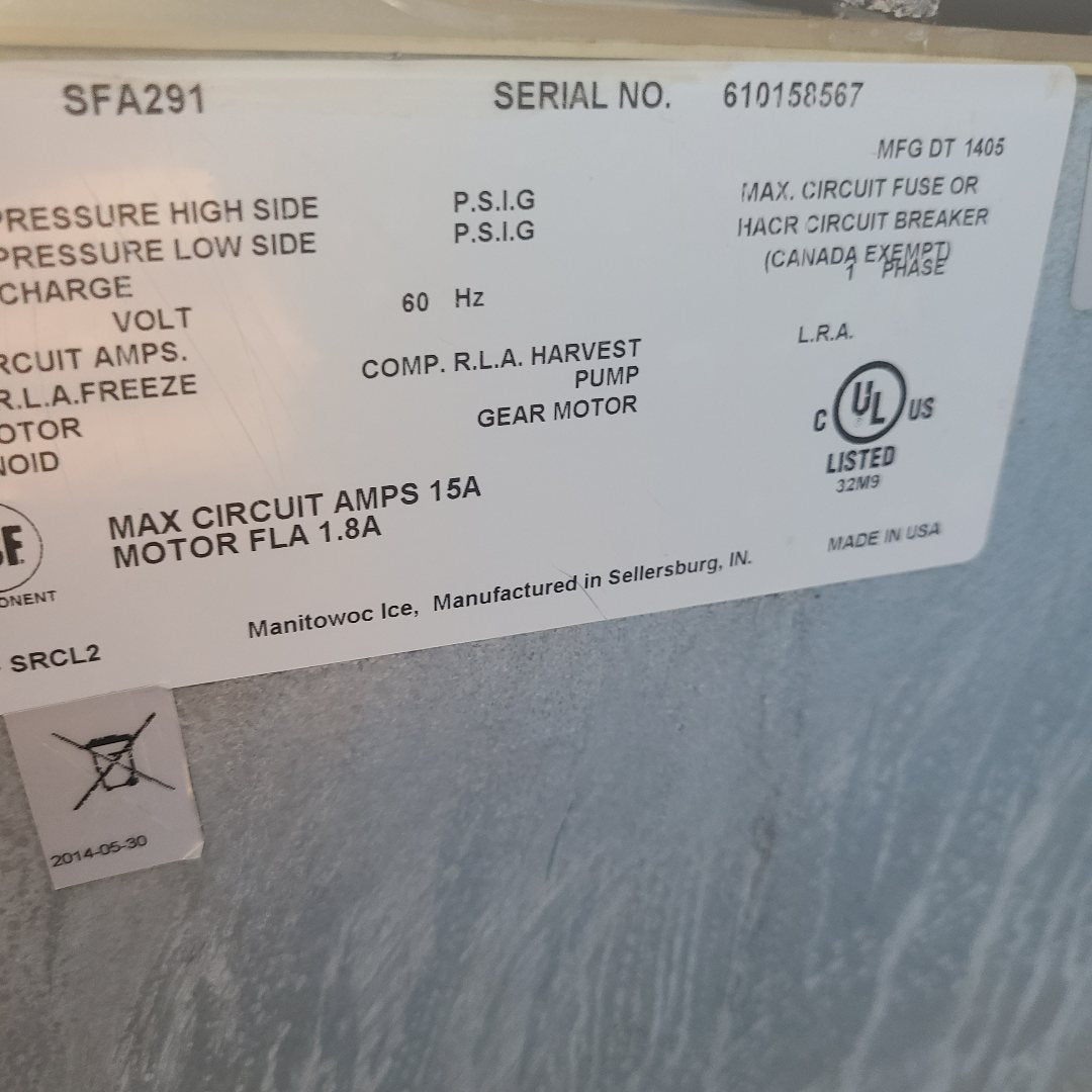 Manitowoc SFA291 hotel ice and water dispenser data plate