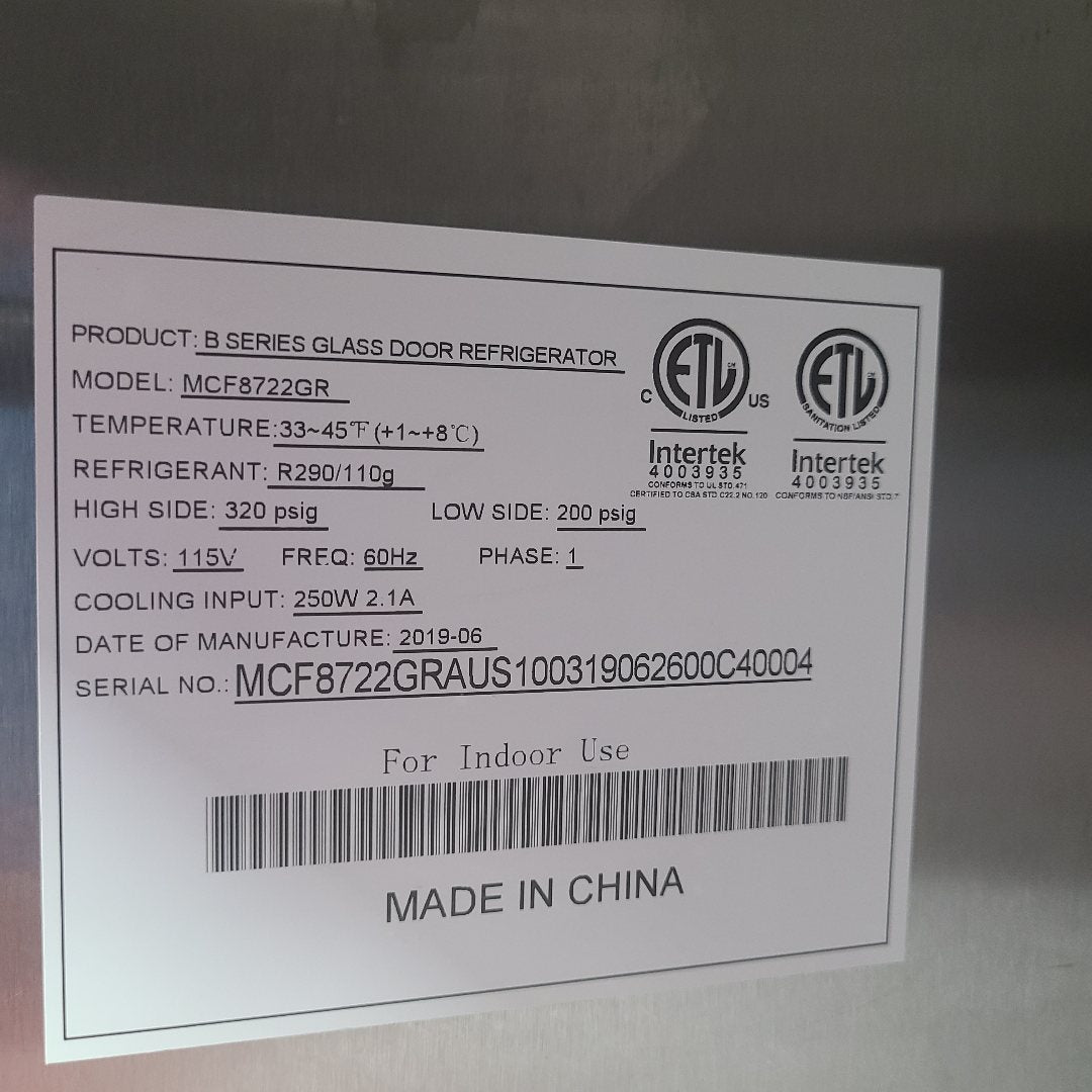 Atosa MCF8722GR single glass door merchandiser refrigerator data plate
