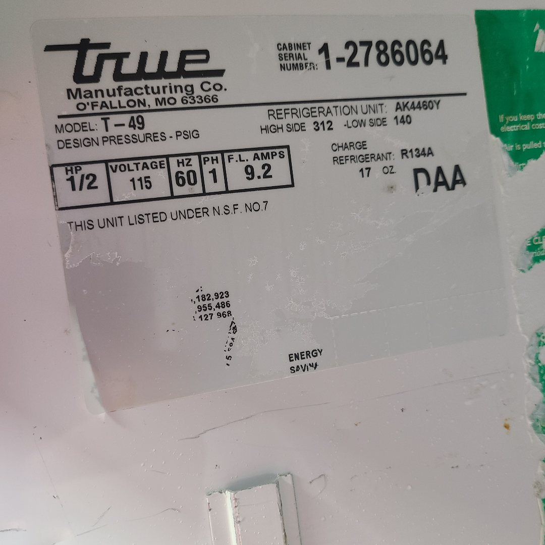 True T-49 two door reach-in refrigerator data plate