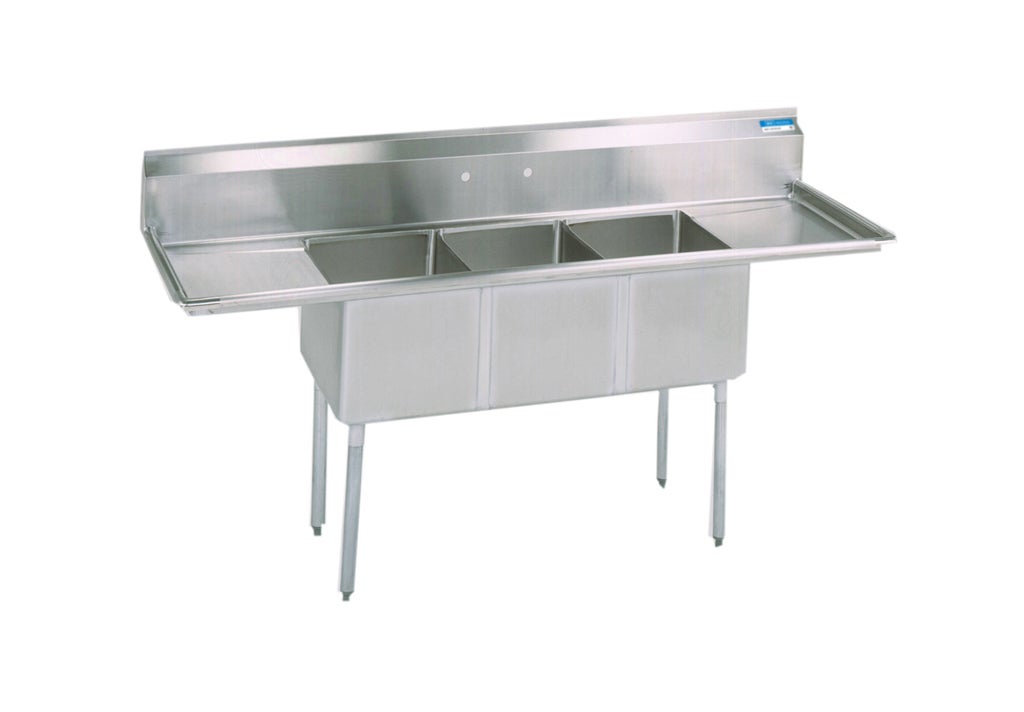 BK Resources BKS-3-1620-14-18T 3 Compartment Sink w/18" Left and Right Drainboards - Galvanized Legs | 84" Length