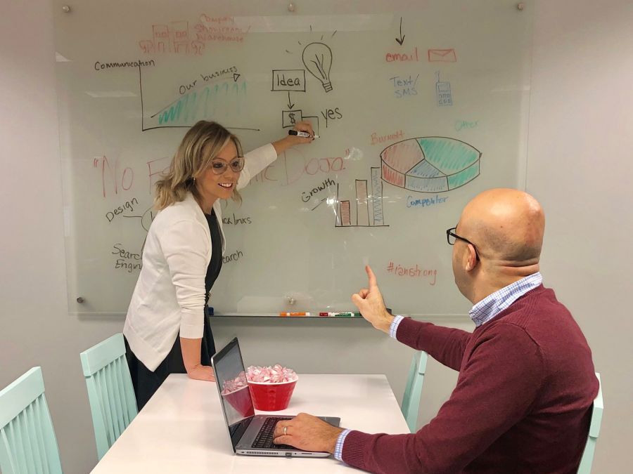 Team meeting with colleagues discussing business strategy on whiteboard with charts and marketing plan