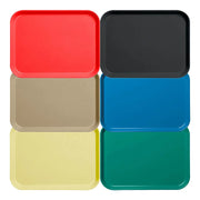 Set of six colorful square trays in red, black, blue, green, beige, and yellow on a white background.