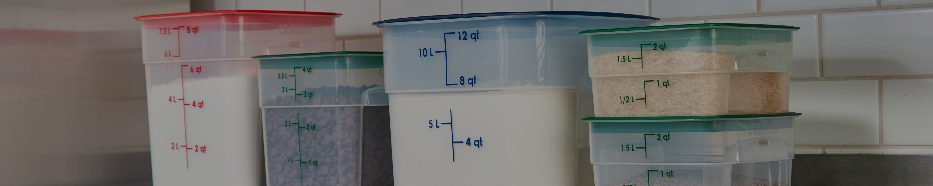 Set of different sized Cambro food storage containers filled with ingredients
