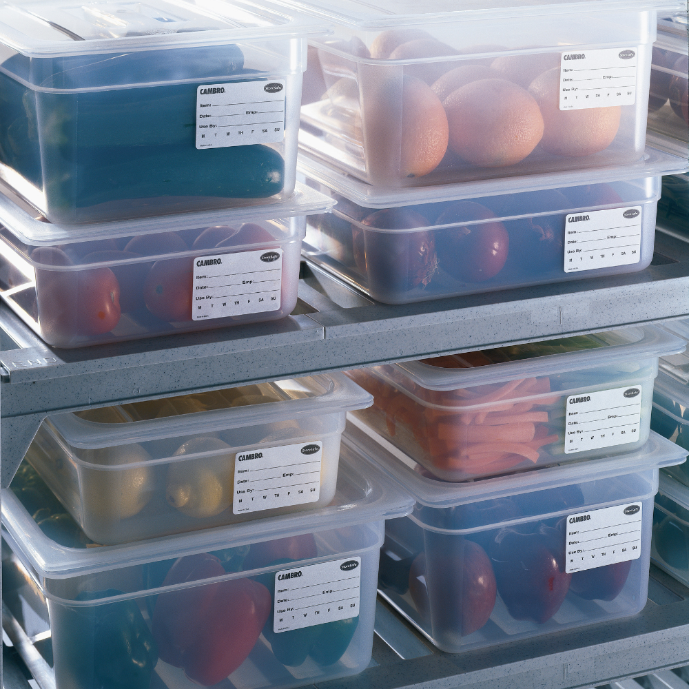 Stacked translucent Cambro food pans