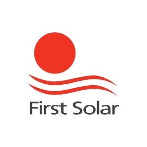 First Solar logo with a red circle and wavy lines on a white background
