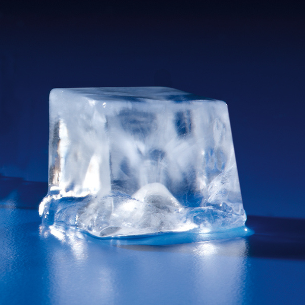 clear ice cube with blue background