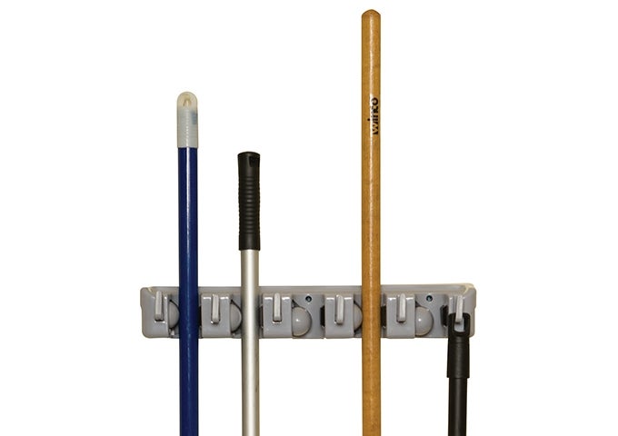 Winco MHH-5 16" Plastic Mop & Broom Rack | 5 Clips, 6 Hooks