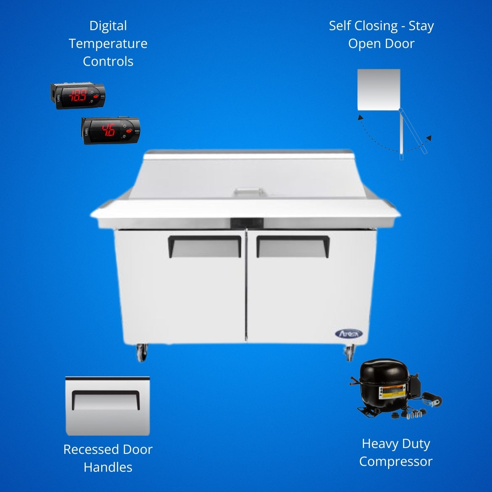 Atosa MSF8303GR 61" 2-Solid Door Rear Mount Refrigerated Sandwich Prep Table | (16) 1/6 Pan
