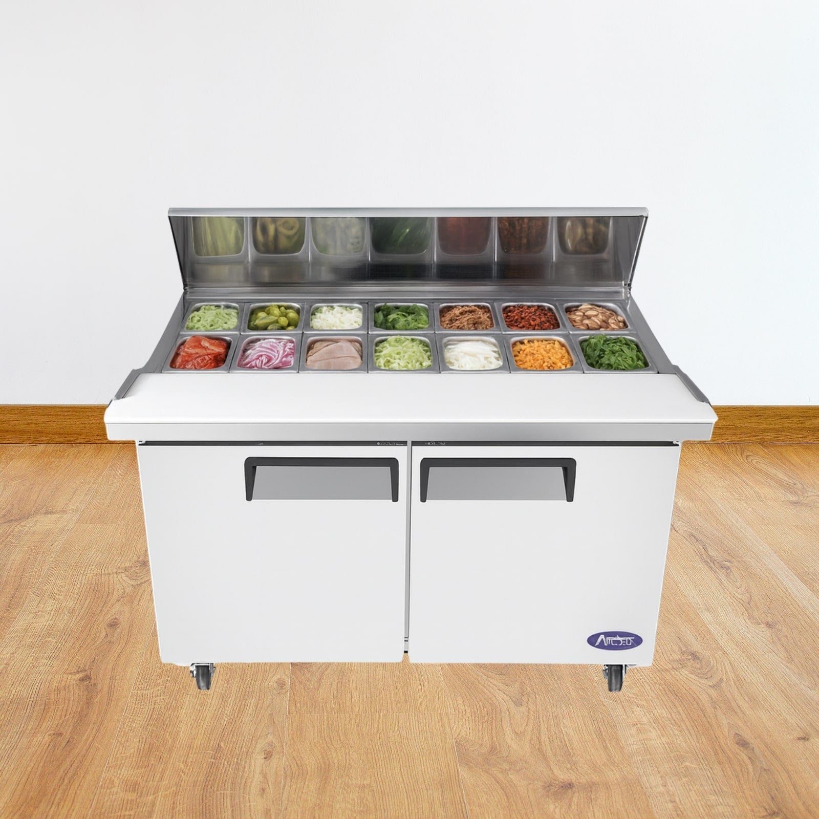 Atosa MSF8303GR 61" 2-Solid Door Rear Mount Refrigerated Sandwich Prep Table | (16) 1/6 Pan