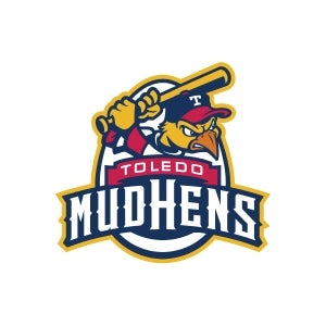 Logo of the Toledo Mudhens baseball team with a mascot holding a bat on a white background.