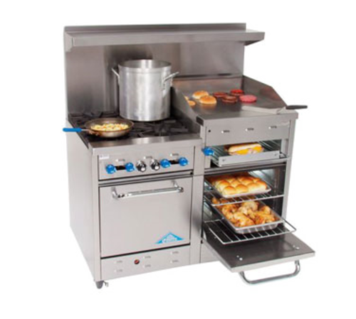 Comstock-Castle F3218-24B 48" Gas 4-Burner, Griddle & Cheesemelter Range w/ (2) Space Saver Ovens | 204,000 BTU