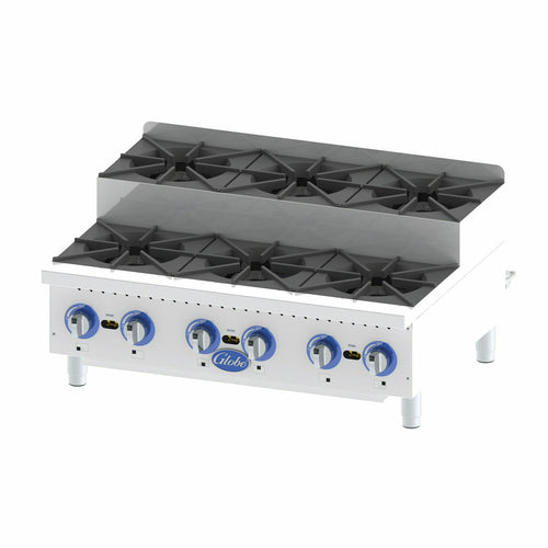Globe GHPSU636G 6 Burner Gas Countertop Step-Up Hot Plate | 180,000 BTU