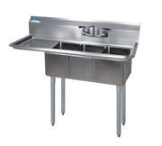 BK Resources BKS-3-1014-10-15L 3 Compartment Sink w/15" Left Drainboard - Galvanized Legs | 47.5" Length
