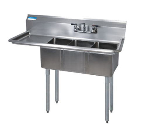 BK Resources BKS-3-1014-10-15L 3 Compartment Sink w/15" Left Drainboard - Galvanized Legs | 47.5" Length