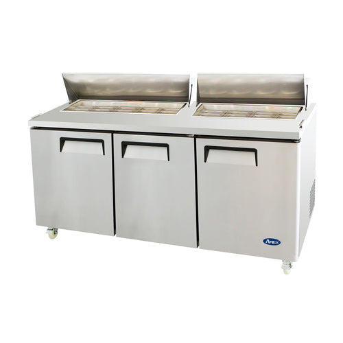 Atosa MSF8304GR 73" 3-Solid Door Rear Mount Refrigerated Sandwich Prep Table | (18) 1/6 Pan