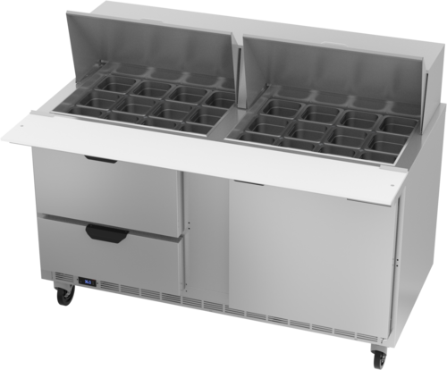 Beverage Air SPED60HC-24M-4 60" 2 Drawer 1 Door Mega Top Refrigerated Sandwich Prep Table | (24) 1/6 Pan