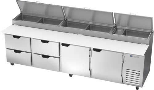 Beverage Air DPD119HC-4 119" 4 Drawer 2 Door Refrigerated Pizza Prep Table | 42.2 Cu. Ft.